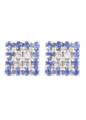 92.5 Sterling Silver Square Studs Unisex Earrings and Blue and White Cubic Zirconia