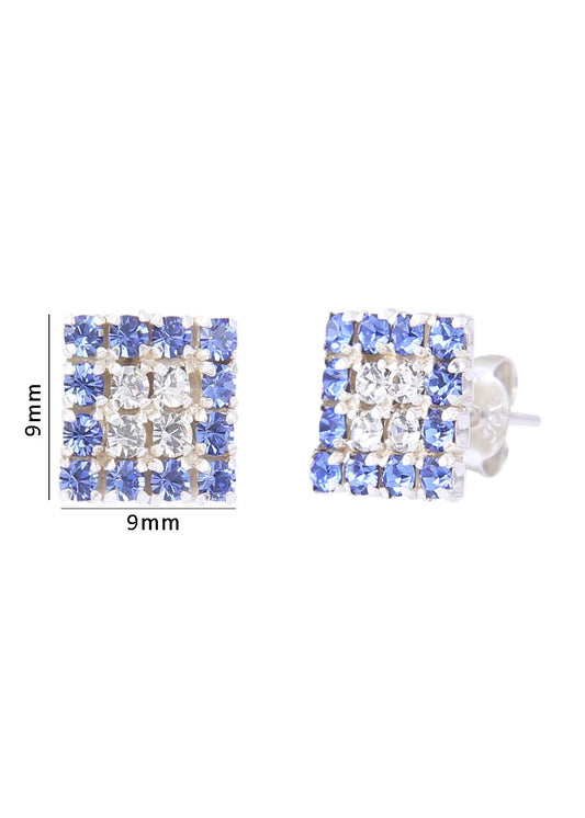 92.5 Sterling Silver Square Studs Unisex Earrings and Blue and White Cubic Zirconia