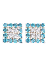 92.5 Sterling Silver Square Studs Unisex Earrings and Blue and White Cubic Zirconia