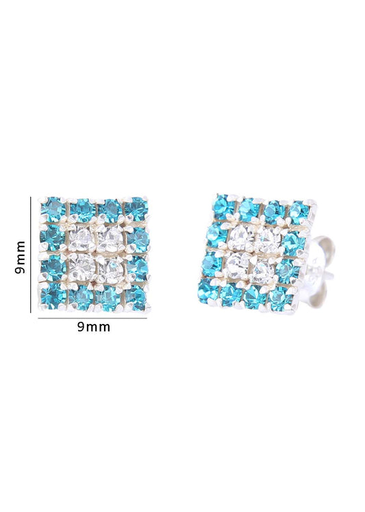 92.5 Sterling Silver Square Studs Unisex Earrings and Blue and White Cubic Zirconia