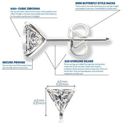 925 Sterling Silver pair of Triangle shape 6mm White Cubic Zircon (CZ) Stone Unisex Stud Earrings
