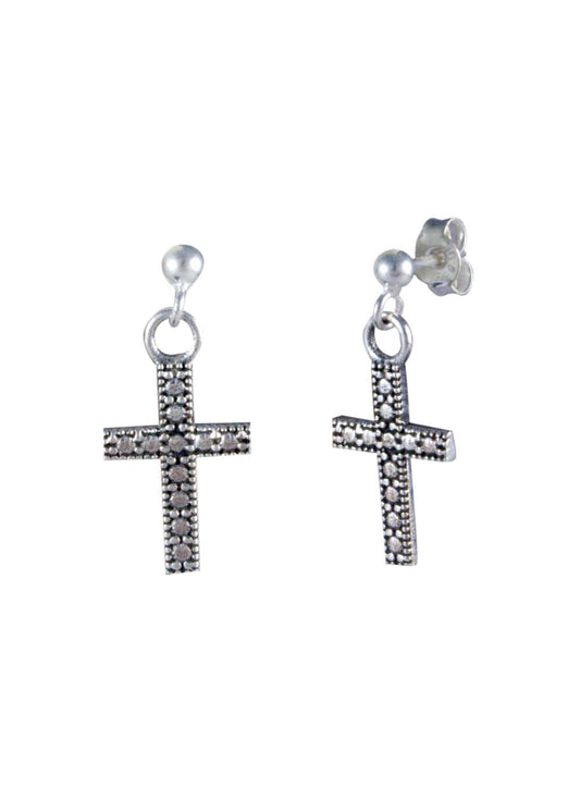 Unisex Ball Studs with hanging Holy Cross in 92.5 Sterling Silver