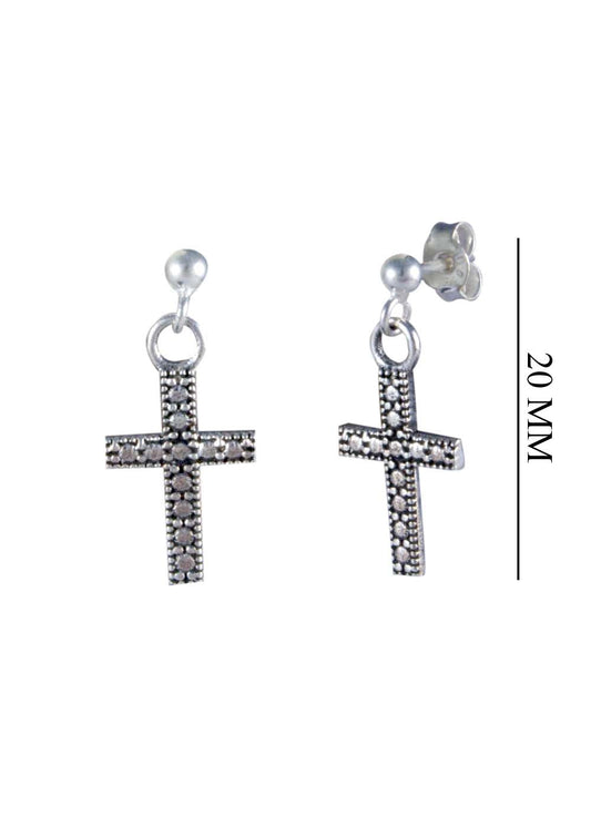 Unisex Ball Studs with hanging Holy Cross in 92.5 Sterling Silver