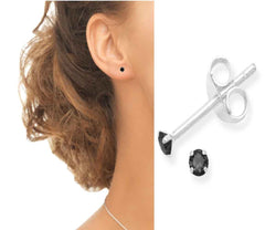 Sterling Silver pair of Round shape 2mm Single Black Cubic Zircon (CZ) Stone Solitaire Stud Earrings