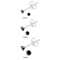 Sterling Silver pair of Round shape 2mm Single Black Cubic Zircon (CZ) Stone Solitaire Stud Earrings