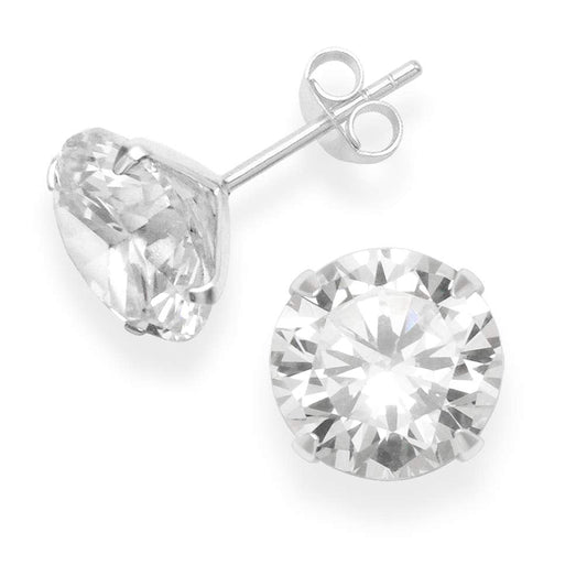 925 Sterling Silver pair of Round shape 10mm Single White Cubic Zircon (CZ) Unisex Stud Earrings