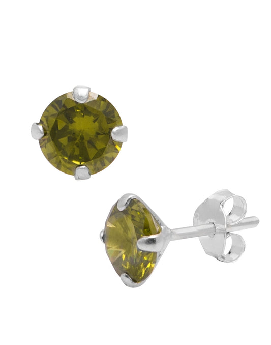 925 Sterling Silver Pair of Round Single Mehandi Green 5mm CZ Stone Piercing Stud Earrings