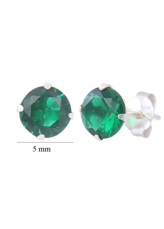 925 Sterling Silver Pair of Round Single Green 5mm CZ Stone Piercing Stud Earrings for Women