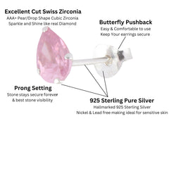925 Sterling Silver Pair of Pear Shape Pink CZ Stone Piercing Stud Earrings