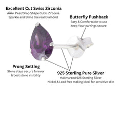 925 Sterling Silver Pair of Pear Shape Dark Purple CZ Stone Piercing Stud Earrings
