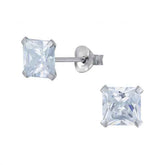 925 Sterling Silver pair of Square shape 7mm Single White Cubic Zirconia (CZ) Stone Solitaire Unisex Stud Earrings