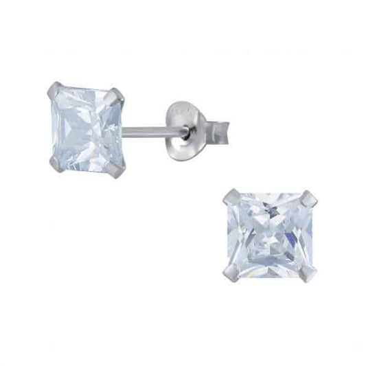 925 Sterling Silver pair of Square shape 7mm Single White Cubic Zirconia (CZ) Stone Solitaire  Unisex Stud Earrings