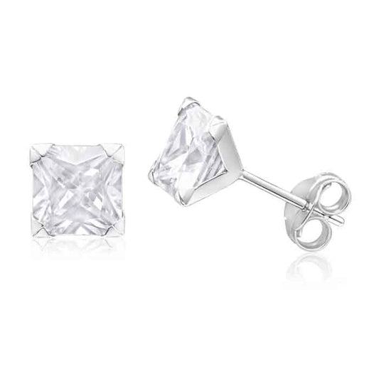 925 Sterling Silver pair of Square shape 6mm Single White Cubic Zirconia (CZ) Unisex Stud Earrings