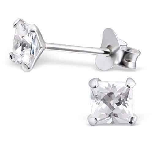 925 Sterling Silver pair of Square shape 5mm Single White Cubic Zirconia Unisex Stud Earrings
