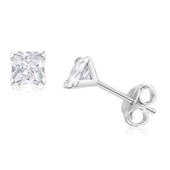 925 Sterling Silver pair of Square shape 4mm Single White Cubic Zircon (CZ) Unisex Stud Earrings