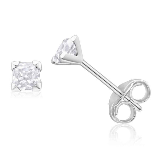 925 Sterling Silver pair of Square shape 3mm Single White Cz Unisex Stud Earrings
