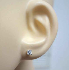 925 Sterling Silver pair of Square shape 3mm Single White Cz Unisex Stud Earrings