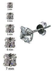 925 Sterling Silver pair of Square shape 3mm Single White Cz Unisex Stud Earrings