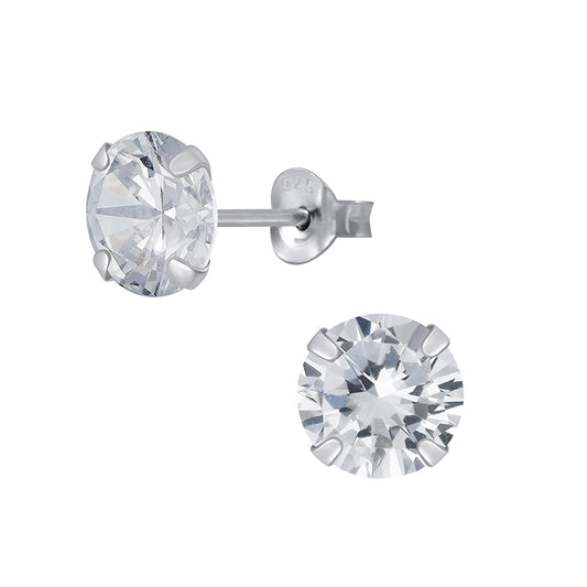 925 Sterling Silver pair of Round shape 7mm Single White Cubic Zircon (CZ) Stone Unisex Stud Earrings