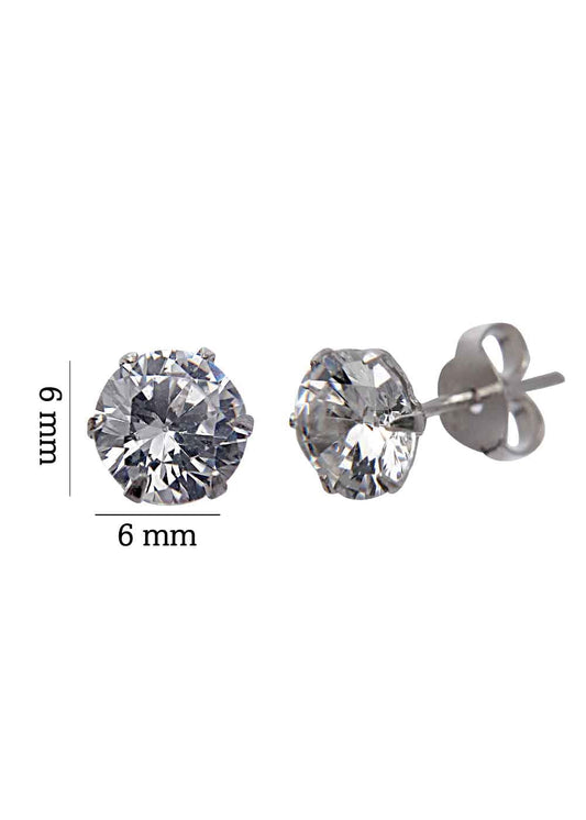 925 Sterling Silver Silver pair of Unisex Round shape 6mm Single White Cubic Zircon