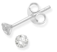 925 Sterling Silver pair of Round shape 3mm Single White Cubic Zircon (CZ) Stone Solitaire Stud Earrings