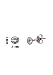 925 Sterling Silver pair of Round shape 3mm Single White Cubic Zircon (CZ) Stone Solitaire Stud Earrings