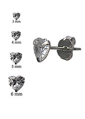 925 Sterling Silver  pair of Heart shape 3mm Single White Cubic Zircon (CZ) Stone Solitaire Stud Earrings