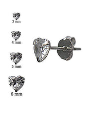 925 Sterling Silver pair of Heart shape 3mm Single White Cubic Zircon (CZ) Stone Solitaire Stud Earrings