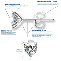 925 Sterling Silver pair of Heart shape 4mm Single White Cubic Zircon (CZ) Stone Solitaire