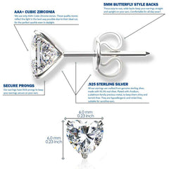 925 Sterling Silver pair of Heart shape 6mm Single White Cubic Zircon (CZ) Stone Solitaire Stud Earrings