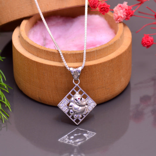 Ganesha 92.5 Sterling Silver Square Unisex Pendant with 18 inch Chain