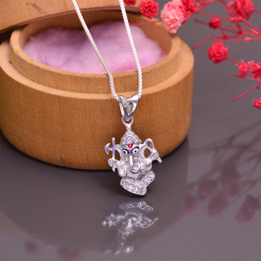 Ganpati 92.5 Sterling Silver Enamel Pendant with Cz with 18 inch Chain