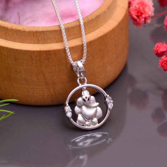 Ganesha 92.5 Sterling Silver Unisex Pendant with Cz Stones and 18 inch Chain