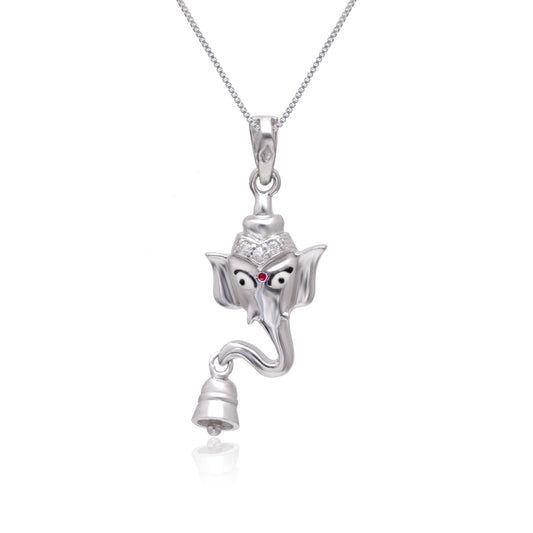 Ganesha with Temple Bell 92.5 Sterling Silver Unisex Pendant with Cz Stones