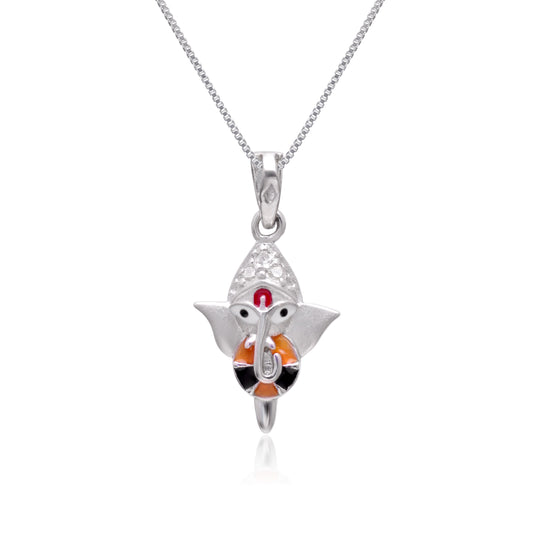 Ganesha 92.5 Sterling Silver and Enamel Unisex Pendant with Cz Stones and 18 inch Chain