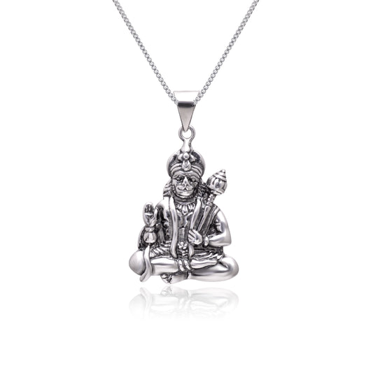92.5 Sterling Silver Unisex Religious Sitting Hanuman ji Pendant with 18 inch Chain