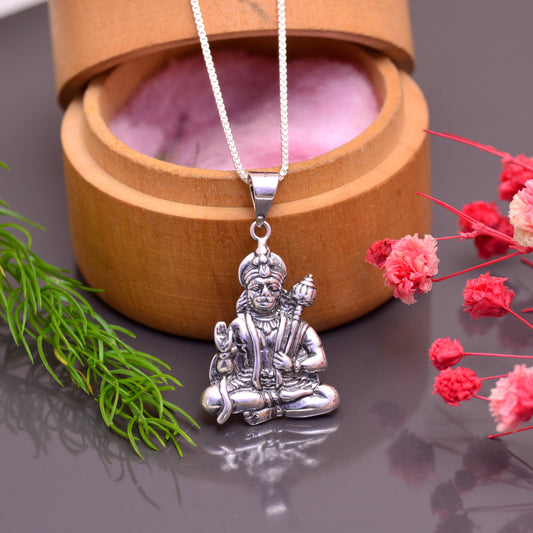 92.5 Sterling Silver Unisex Religious Sitting Hanuman ji Pendant with 18 inch Chain