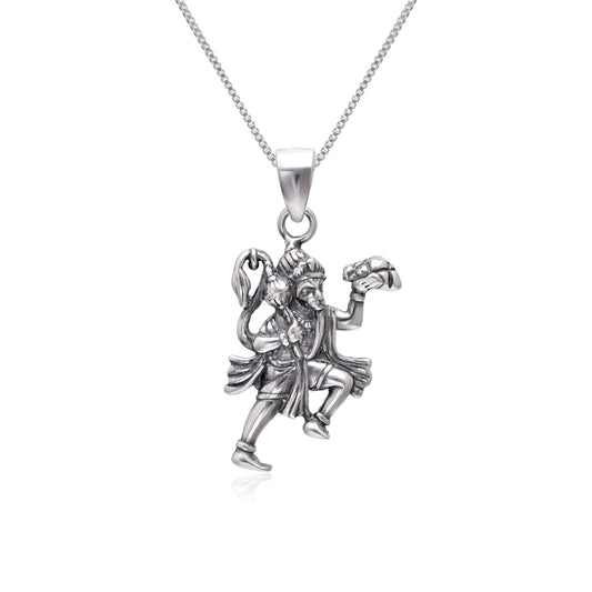 Flying Hanumanji Oxidized 92.5 Sterling Silver Religious Pendant with 18 inch Chain
