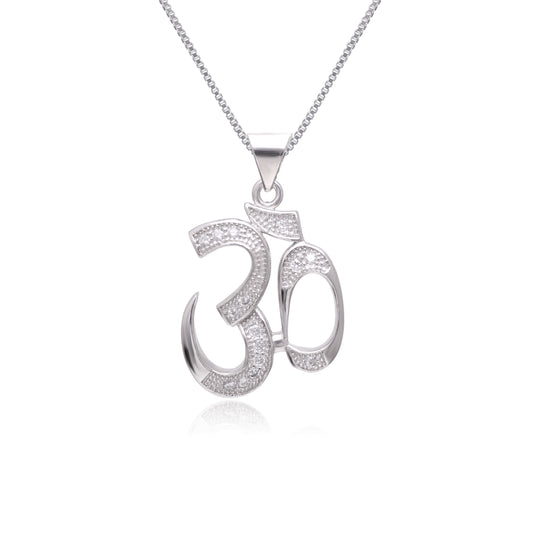 OM 92.5 Sterling Silver Unisex Religious Pendant with Cz Stones and 18 inch Chain