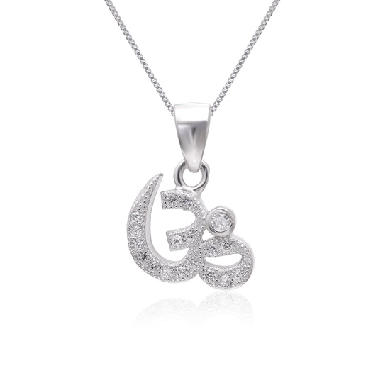 OM 92.5 Sterling Silver Unisex Religious Pendant with Cz Stones with 18 inch Chain