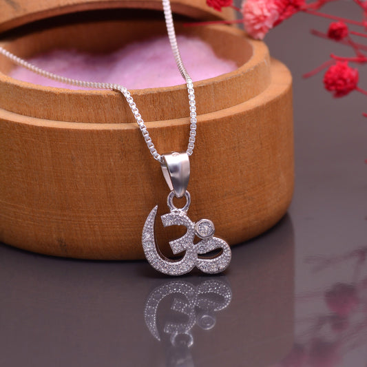OM 92.5 Sterling Silver Unisex Religious Pendant with Cz Stones with 18 inch Chain