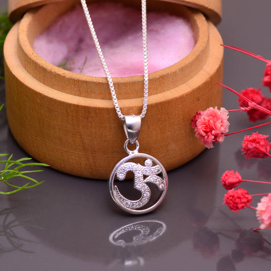 OM 92.5 Sterling Silver Unisex Religious Pendant with Cz Stones and 18 inch Chain