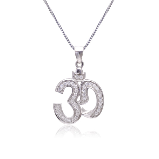 OM 92.5 Sterling Silver Unisex Religious Pendant with Cz Stones and 18 inch Chain