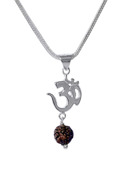 Om with hanging Rudraksh 925 Silver Pendant with 18 inch Chain