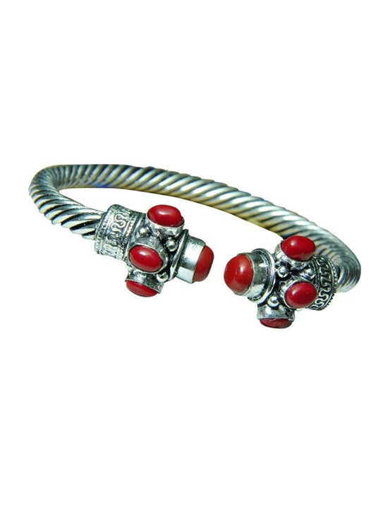 Handmade Bangle Silver Alloy Red Coral Stone for Women