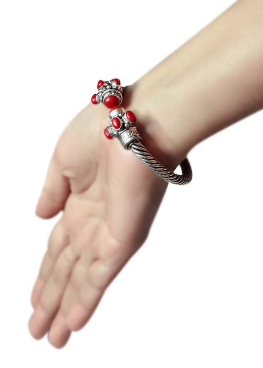 Handmade Bangle Silver Alloy Red Coral Stone for Women for Navratri
