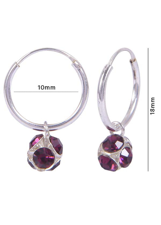 Sterling Silver Purple Cubic Zirconia Hanging Balls in 10 mm Silver Hoops