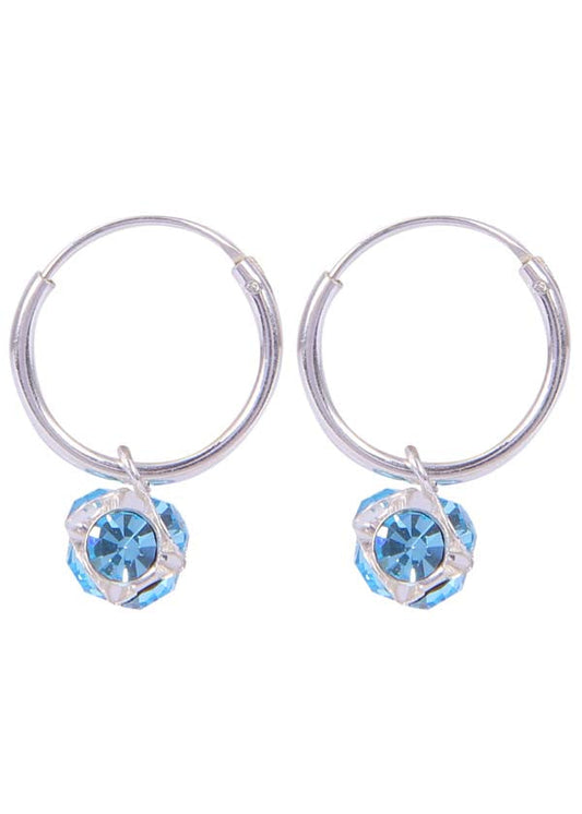 Sterling Silver Light Blue Cubic Zirconia Hanging Balls in 10 mm Silver Hoops