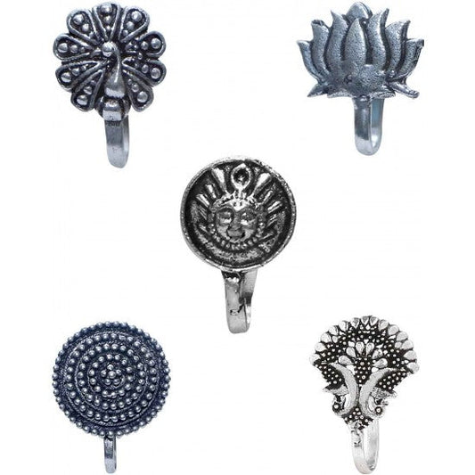 Combo Set of 5 Designer Antique Oxidized Silver Alloy Nose Pin Studs for Women
