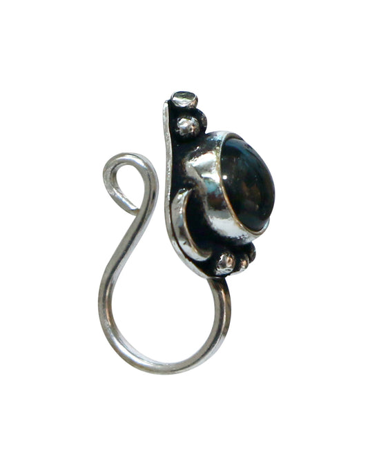 Black Onyx Oxidized Clip On Press On Nose Pin in Silver Alloy
